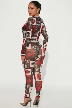 Fashion Nova All The Kisses Mesh Jumpsuit - Black/Red