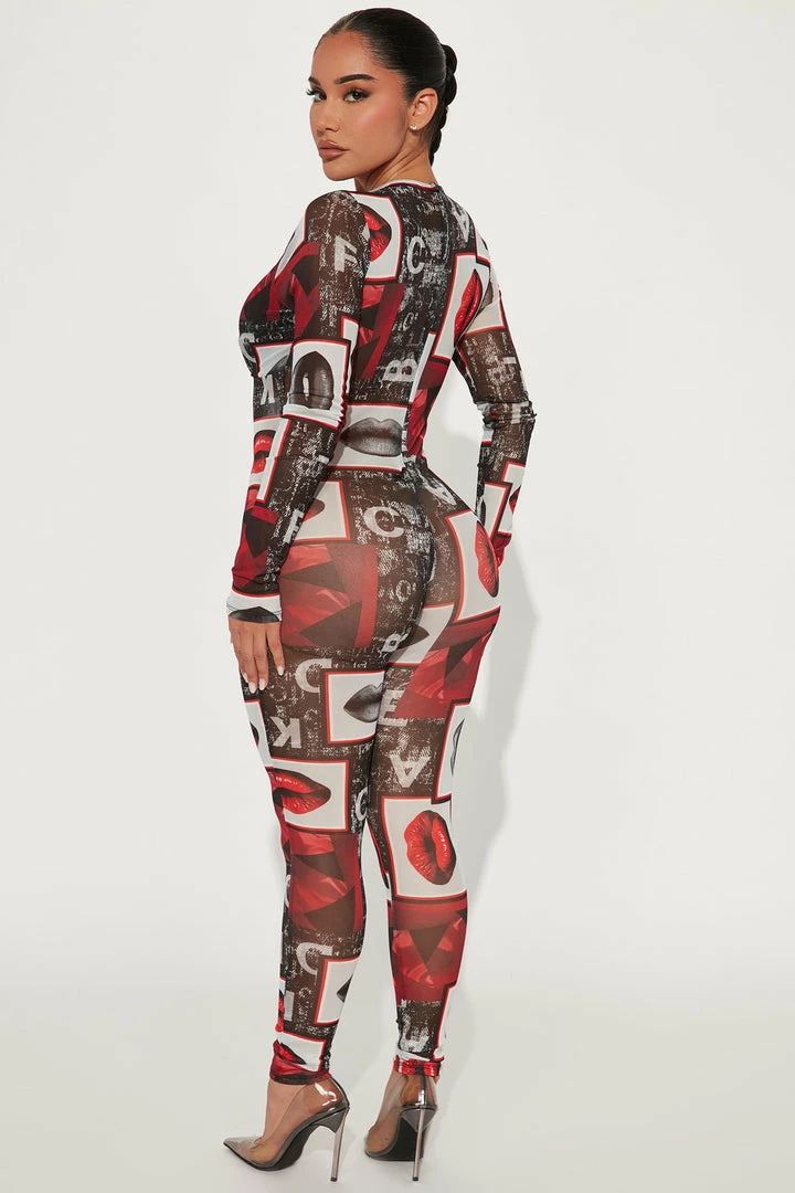 Fashion Nova All The Kisses Mesh Jumpsuit - Black/Red