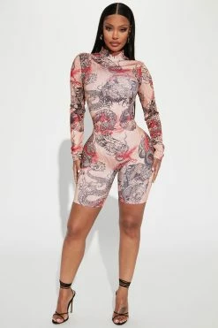 Fashion Nova Daring Dragon Romper - Nude/combo