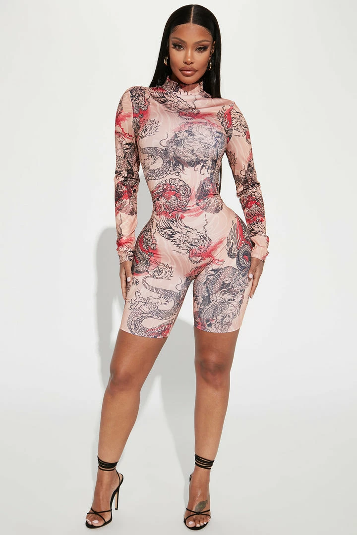 Fashion Nova Daring Dragon Romper - Nude/combo
