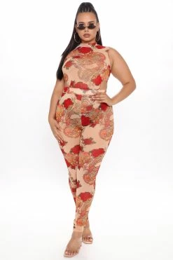 Fashion Nova Match My Beauty Mesh Jumpsuit - Taupe/combo Jumpsuits