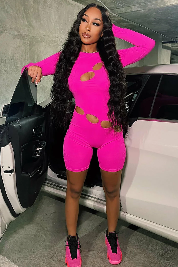 Fashion Nova Rompers Abigail Cut Out Romper - Neon Pink