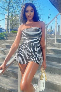 Fashion Nova Rompers Anchors Up Striped Romper - Black/White