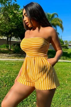 Fashion Nova Rompers Anchors Up Striped Romper - Mustard/White