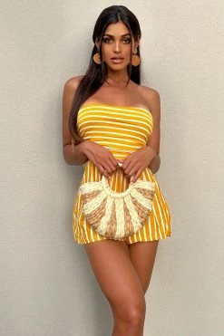 Fashion Nova Rompers Anchors Up Striped Romper - Mustard/White
