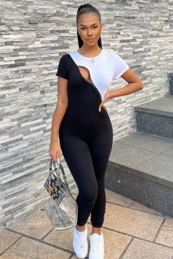 Fashion Nova Built In Comfort Color Block Jumpsuit - Black/White Jumpsuits