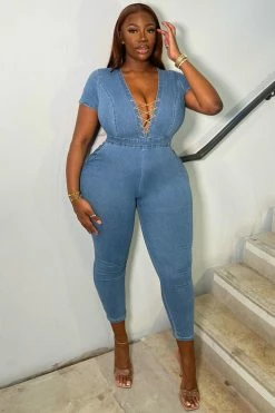 Fashion Nova Chained To Danger Denim Jumpsuit - Medium Wash