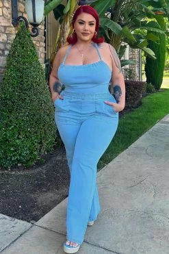 Fashion Nova Jumpsuits Cute Back Story Denim Jumpsuit- Light Blue Wash