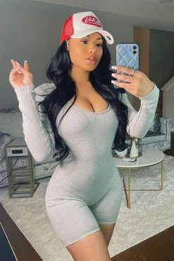 Fashion Nova Daisy Snatched Romper - Heather Grey