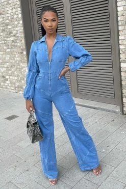 Fashion Nova Darling In Denim Jumpsuit - Light Wash Wide Leg Jumpsuits