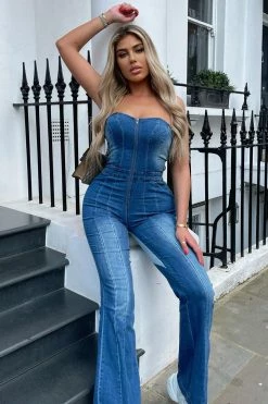 Fashion Nova Wide Leg Jumpsuits Denim Sweetheart Jumpsuit - Medium Wash
