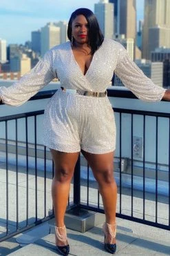 Fashion Nova Diva Shine Sequin Romper - Silver Rompers