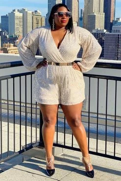 Fashion Nova Diva Shine Sequin Romper - Silver Rompers