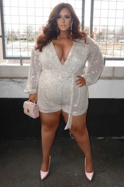 Fashion Nova Diva Shine Sequin Romper - Silver Rompers