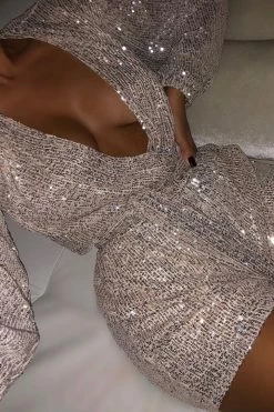 Fashion Nova Diva Shine Sequin Romper - Silver Rompers