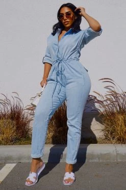 Fashion Nova Jumpsuits Evelyn Denim Jumpsuit - Light Wash