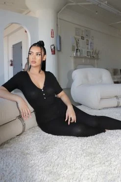 Fashion Nova Fast Love Henley Jumpsuit - Black Jumpsuits
