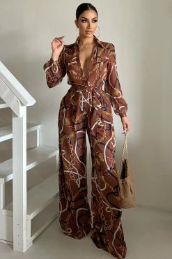 Fashion Nova First Class Printed Jumpsuit - Brown Combo Wide Leg Jumpsuits