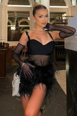 Fashion Nova Forever Perfect Feather Romper - Black Rompers