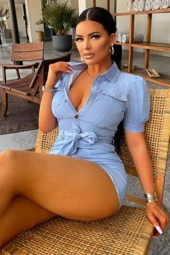 Fashion Nova Rompers Forget It Puff Sleeve Romper - Blue