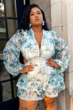 Fashion Nova French Riviera Printed Lace Romper - Green/combo