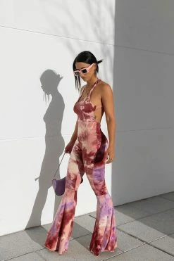 Fashion Nova Wide Leg Jumpsuits Get In The Groove Tie Dye Jumpsuit - Marsala