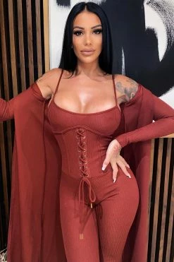 Fashion Nova Happy Horizon Jumpsuit Set - Rust