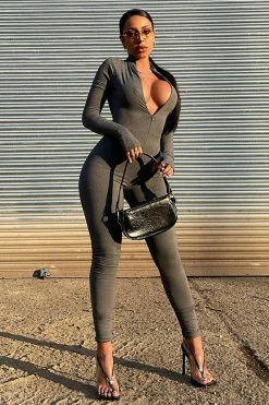 Fashion Nova Houston Hottie Thumbhole Jumpsuit - Charcoal Jumpsuits