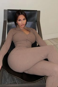Fashion Nova I Don't Care Rib Jumpsuit - Mocha Jumpsuits