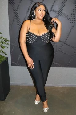 Fashion Nova Julissa Rhinestone Bandage Jumpsuit - Black