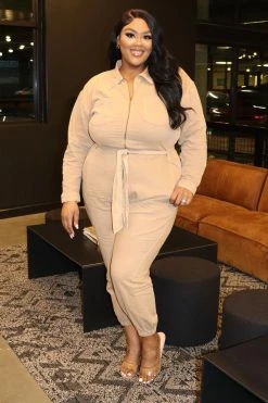 Fashion Nova Jumping To Conclusions Denim Jumpsuit - Tan Jumpsuits