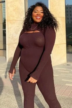 Fashion Nova Just For Fun Ribbed Jumpsuit Set - Chocolate Jumpsuits