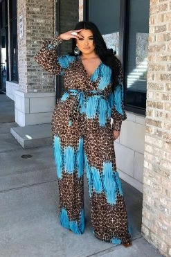 Fashion Nova Kacey Long Sleeve Jumpsuit - Aqua/Combo Jumpsuits