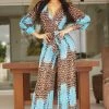 Fashion Nova Kacey Long Sleeve Jumpsuit - Aqua/Combo Jumpsuits