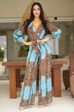 Fashion Nova Kacey Long Sleeve Jumpsuit - Aqua/Combo Jumpsuits