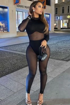 Fashion Nova Jumpsuits Late Night Mesh Jumpsuit - Black