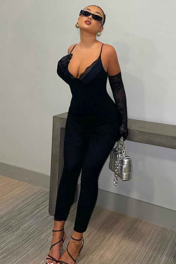 Fashion Nova Jumpsuits Lily Lace Jumpsuit Set - Black