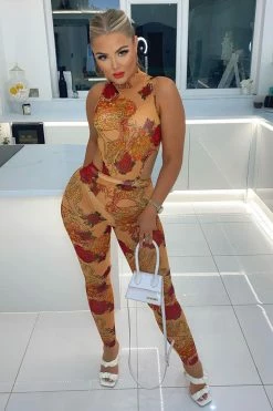 Fashion Nova Match My Beauty Mesh Jumpsuit - Taupe/combo Jumpsuits