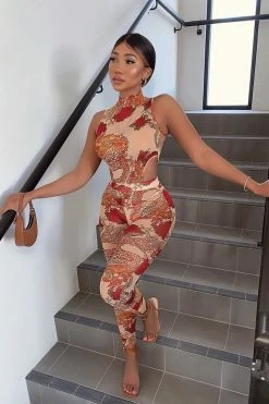 Fashion Nova Match My Beauty Mesh Jumpsuit - Taupe/combo Jumpsuits