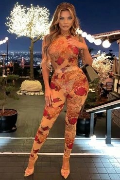 Fashion Nova Match My Beauty Mesh Jumpsuit - Taupe/combo Jumpsuits