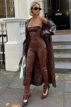 Fashion Nova Party On PU Leather Jumpsuit - Brown Jumpsuits