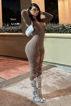 Fashion Nova Jumpsuits Raegan Ribbed Jumpsuit - Brown