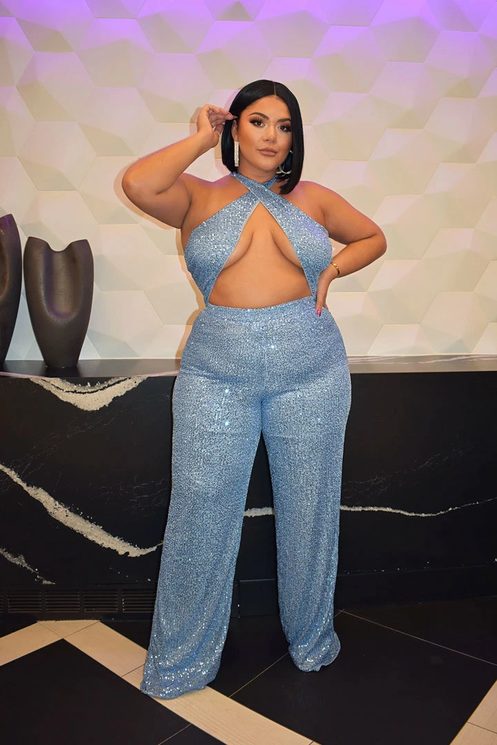 Fashion Nova Wide Leg Jumpsuits Shine On Sequin Jumpsuit - Blue