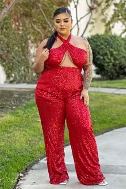 Fashion Nova Wide Leg Jumpsuits Shine On Sequin Jumpsuit - Red