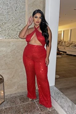 Fashion Nova Wide Leg Jumpsuits Shine On Sequin Jumpsuit - Red