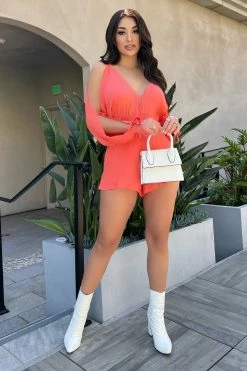 Fashion Nova Skyler Cold Shoulder Romper - Coral