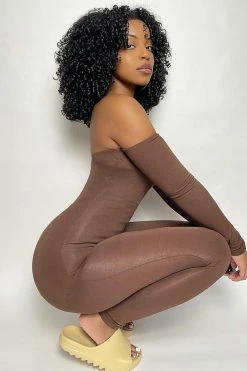 Fashion Nova Jumpsuits Soothe Off Shoulder Jumpsuit - Brown