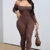 Fashion Nova Jumpsuits Soothe Off Shoulder Jumpsuit - Brown