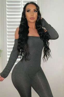 Fashion Nova Soothe Off Shoulder Jumpsuit - Charcoal