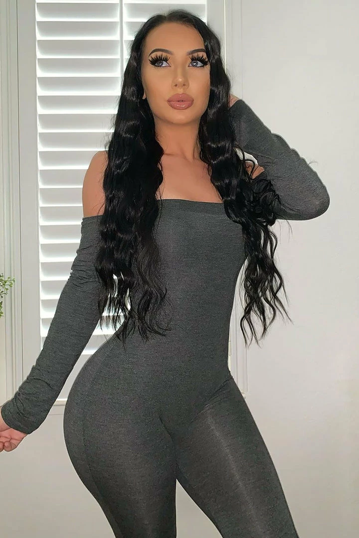 Fashion Nova Soothe Off Shoulder Jumpsuit - Charcoal